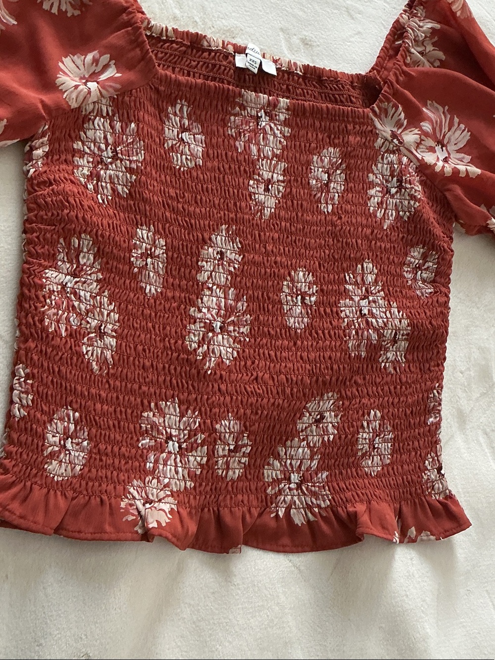 Madewell Rust Red Floral Smocked Crop Top